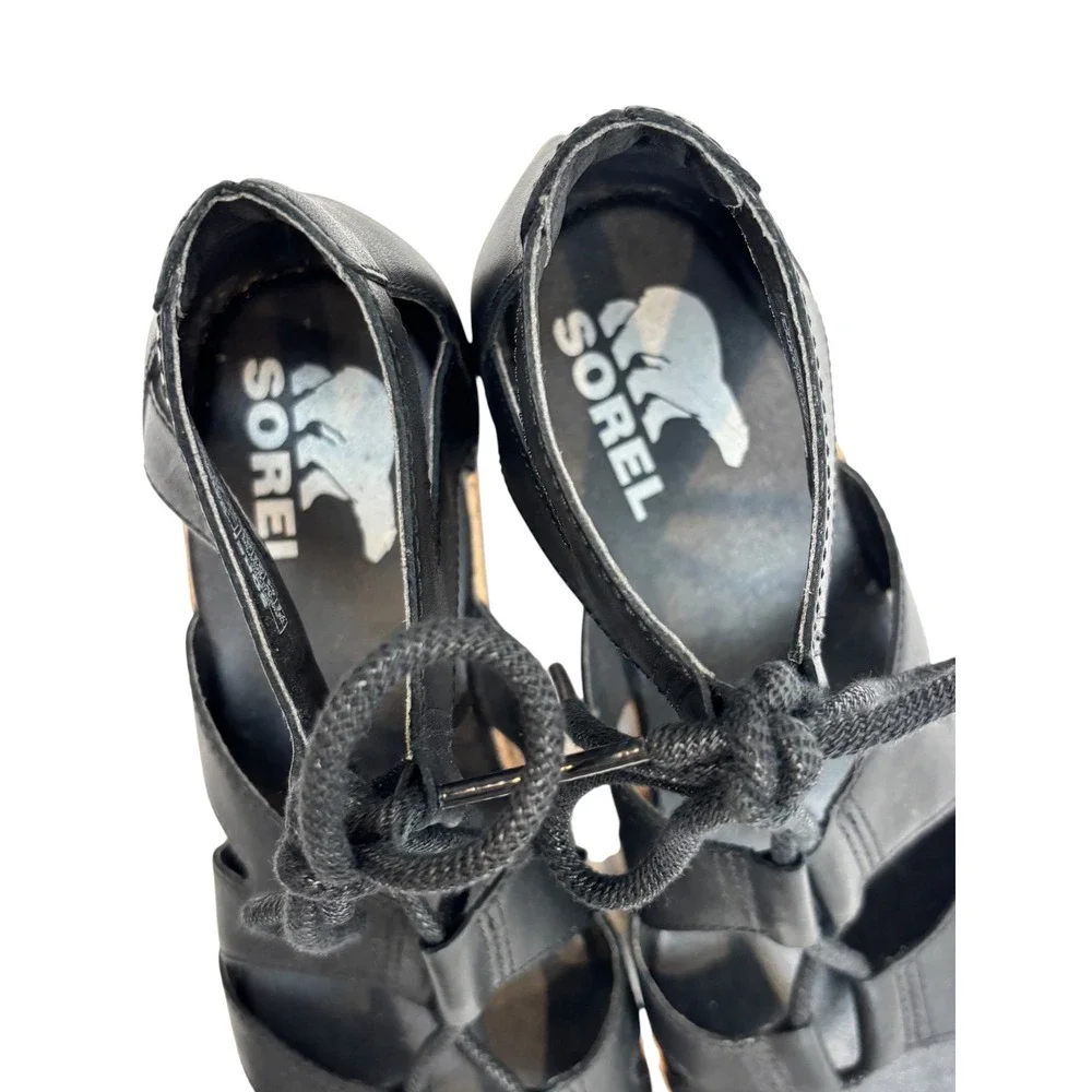 Sorel Joanie II Lace Black Leather Cork Platform Wedge Gladiator Sandals 8.5